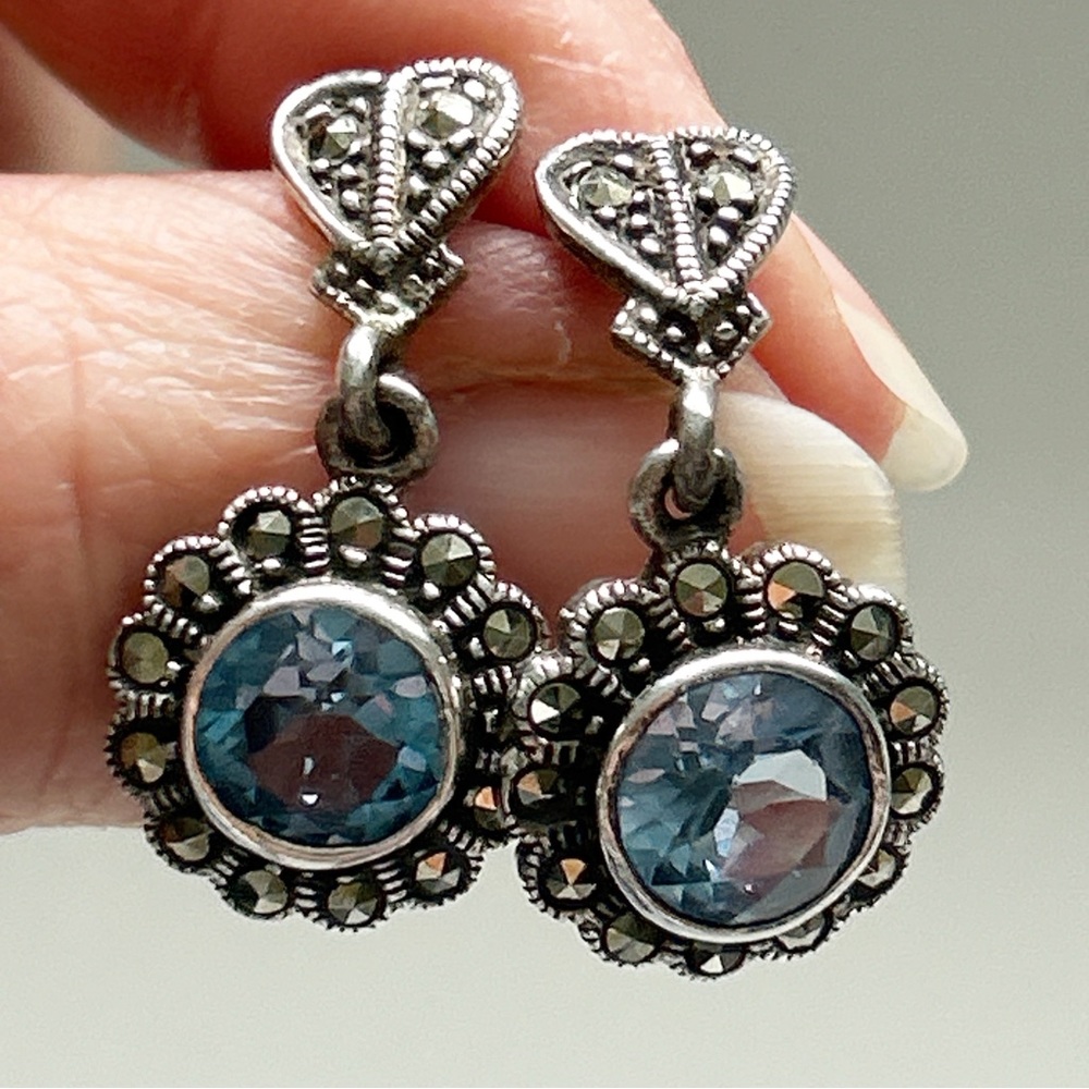 Vintage Blue Topaz Marcasite Dangling Flower Signed Sterling Silver Earrings - Picture 10 of 12